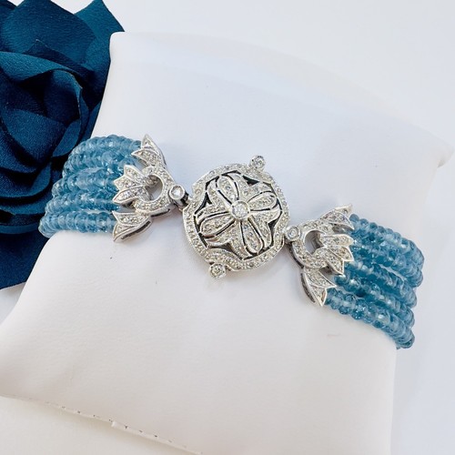 Antique Style 14k White Gold Genuine London Blue Topaz & Diamond Bracelet New 7