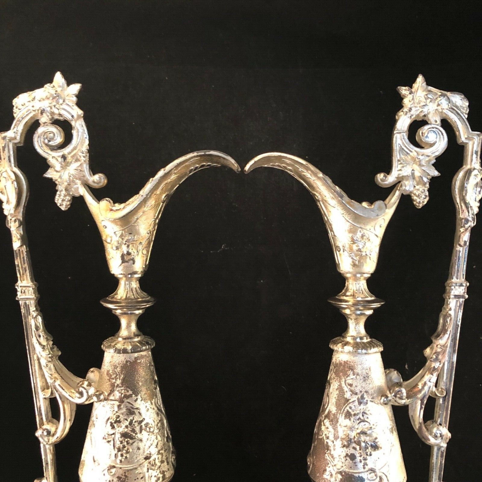 Pair of Decorative Silver Metal Ewers On Marble Bases Vintage Very Heavy