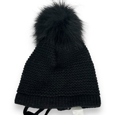 Kyi Kyi Black Knit Beanie Lace up Pom Pom Fur Wool Blend Chunky Cable knit 
