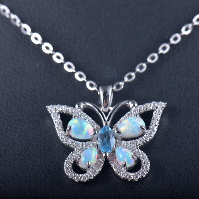 Pre-owned Jewe2004 Solid 14k White Gold Colorful Opal Butterfly Pendant Necklace With Chain 18 Inch