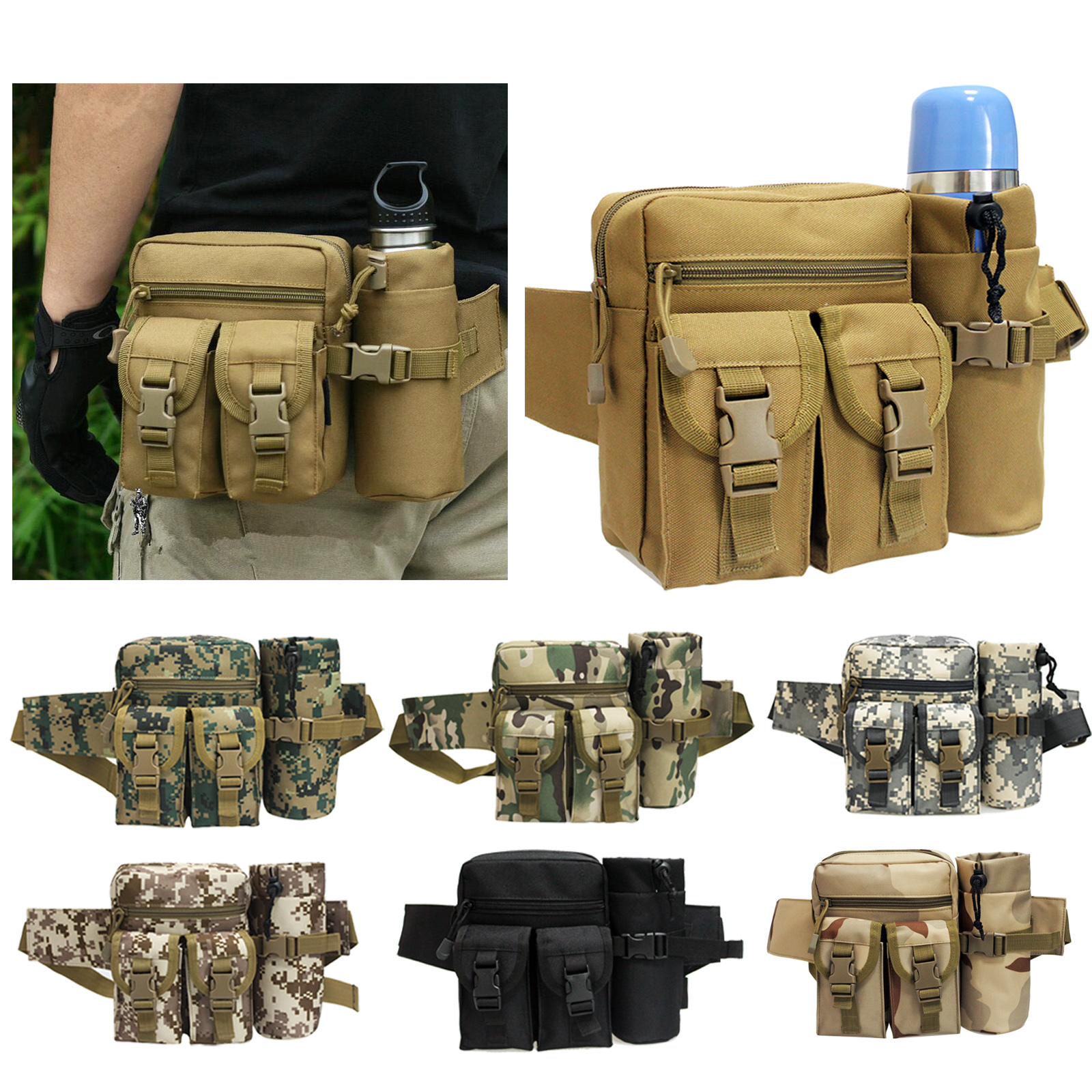 Outdoor Tactical Military Travel Hiking Water Bottle Fanny Pack Waist Bag Mens