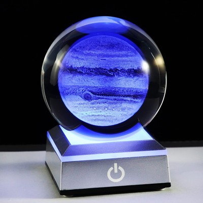 80mm 3D Engraved Jupiter K9 Crystal Ball with Silver LED Base Solar System Pl...