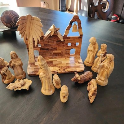 13 Pc Hand Carved Olive Wood Nativity Set Bethlehem Style Complete 9” Stable