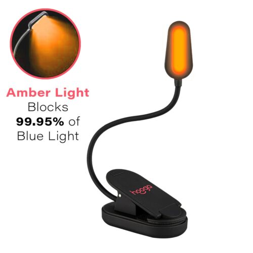 Hoogalite Blue Blocking Rechargeable Amber LED Clip-On Book Light. 