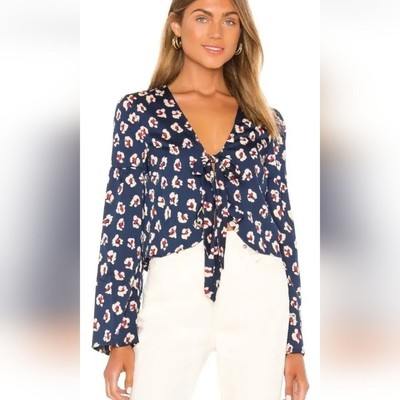 BCBGeneration Bow Front Bell Sleeve Blouse Blue XXS NWT Long Sleeve Floral