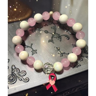 Handmade Breast Cancer Awareness Pink Ribbon Beaded Stretch Bracelet 7 Inch