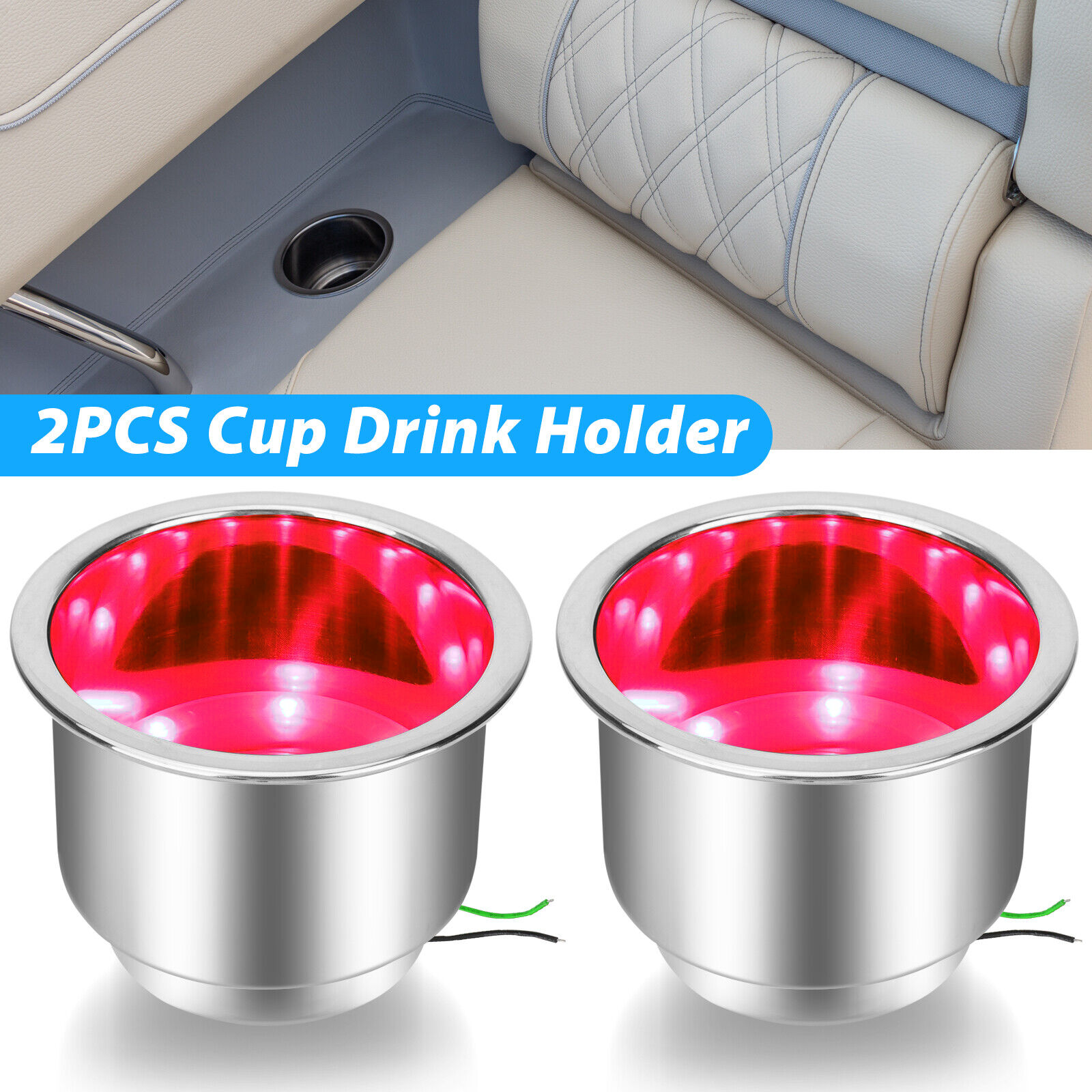2PCS Stainless Steel 8 LED Cup Drink Holder Red Light Marine