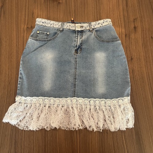 Denim And Lace Skirt Midi Denim Skirt With Floral Lace