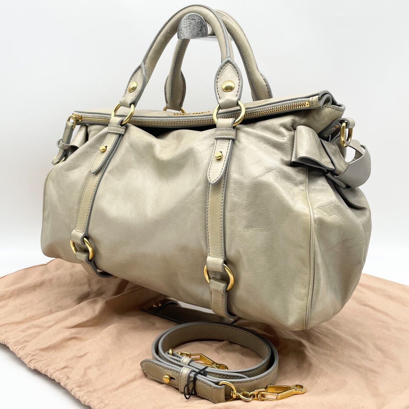 Miu Miu 2way Handbag Shoulder Bag Vitello Lux Beige Leather Miu Miu 2way Handbag Shoulder Bag Vitello Lux Beige Leather