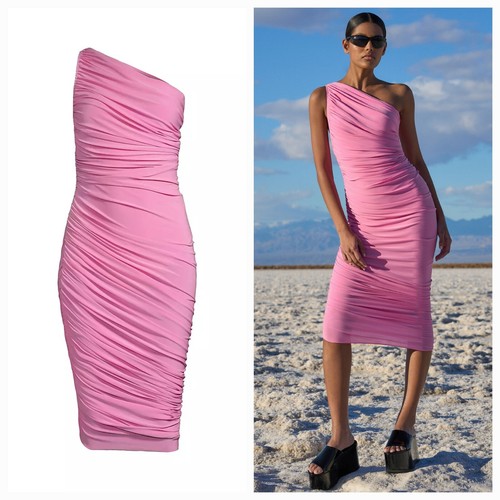 Norma Kamali Diana Ruched One-Shoulder Midi-Dress in Candy
