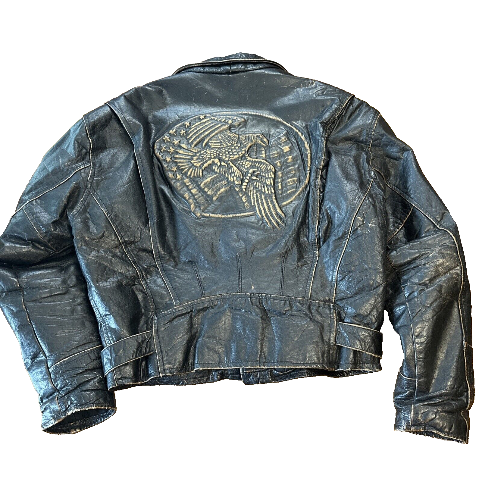 Vintage Leather Jacket Embossed Eagle Black Biker Bomber Long Beach Coat Works Vintage Leather Jacket Embossed Eagle Black Biker Bomber Long Beach Coat Works