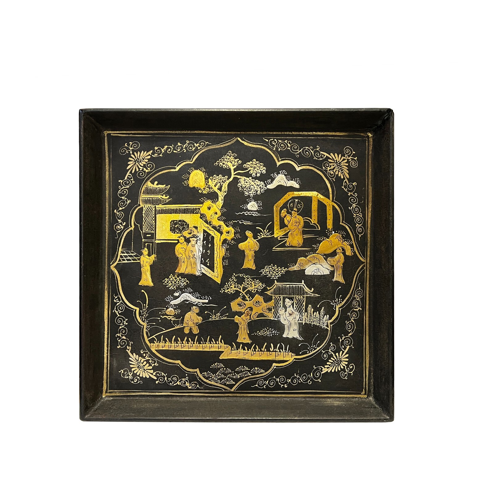 Chinoiserie Golden Graphic Black Lacquer Square Display Disc Plate Tray ws2749S Chinoiserie Golden Graphic Black Lacquer Square Display Disc Plate Tray ws2749S