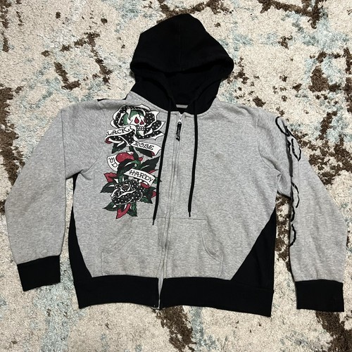 y2k archive \"edhardy エドハーディ\" Lady X Rose NWT Ed Hardy Rose Love Embroidered Heart Washed Black Wide