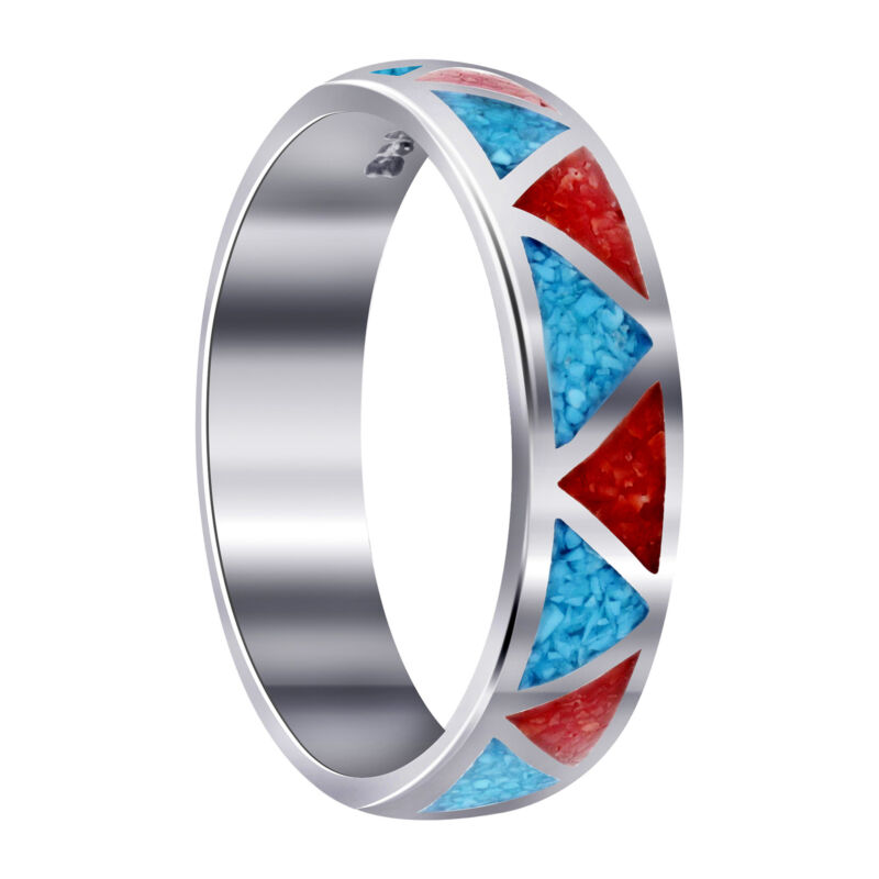 Turquoise and Coral Gemstone Southwestern Style 925 Silver 6mm Wedding Band Ring