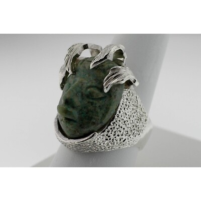 Vtg 1960's Jade Sterling Silver Aztec Creature Ring Size 9 1/2 Stamped Inside