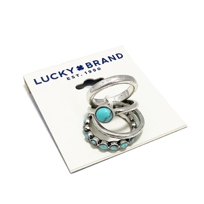 Lucky Brand Antiqued Silver Tone Turquoise Stone Stack 4 Ring Set - Size 6