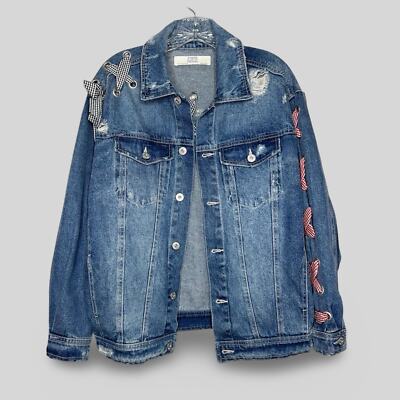 ★ドイツ発*ZARA*新作*刺繍ZIPジャケット/D-BLUE ★ Zara Denim Ribbon Jacket Jean Gingham Plaid Blue Distressed