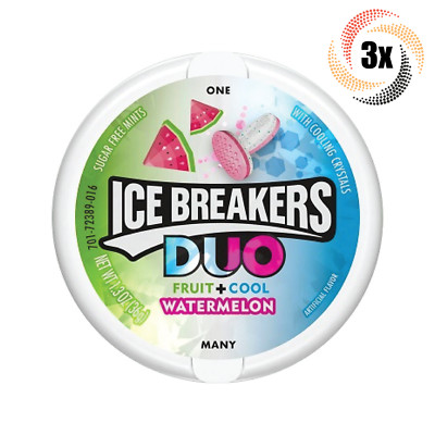 3x Tins Ice Breakers Duo Fruit + Cool Watermelon | 50 Mints Per Tin | 1.3oz