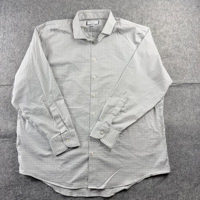 Charles Tyrwhitt Mens Shirt 17.5-35 Green Gray Plaid Classic Fit Non Iron Work