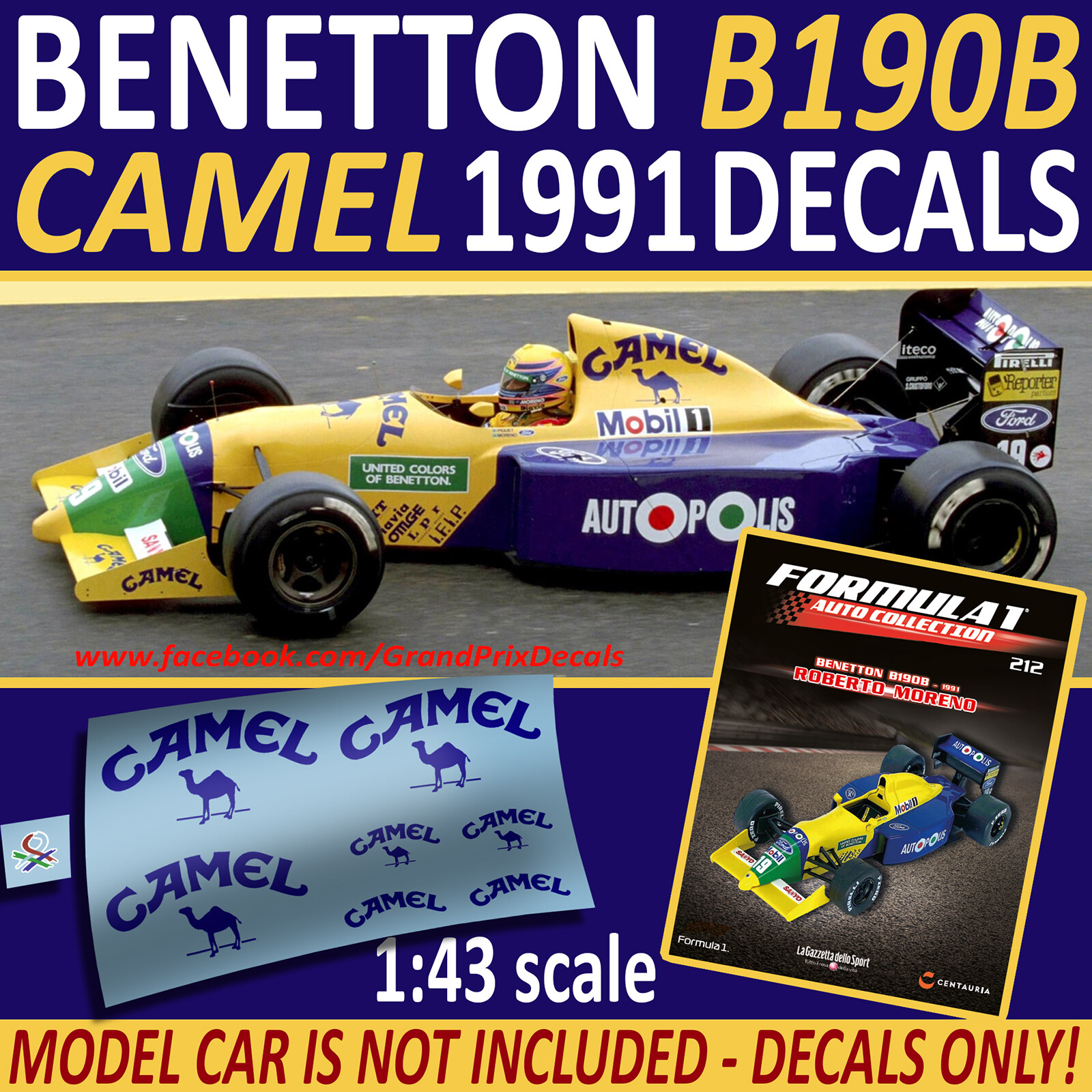 CAMEL decals for Benetton B190B B191 1991 F1 Collection Moreno 1/43 scale