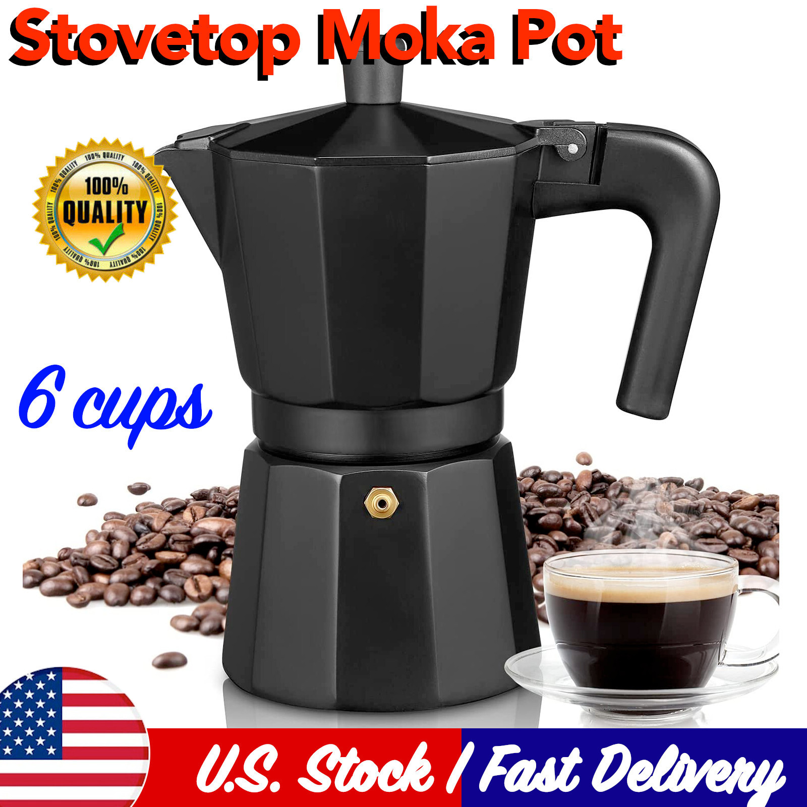 Stovetop Espresso Maker | 6 Cups Moka Coffee Pot Italian for Gas Stove | Black