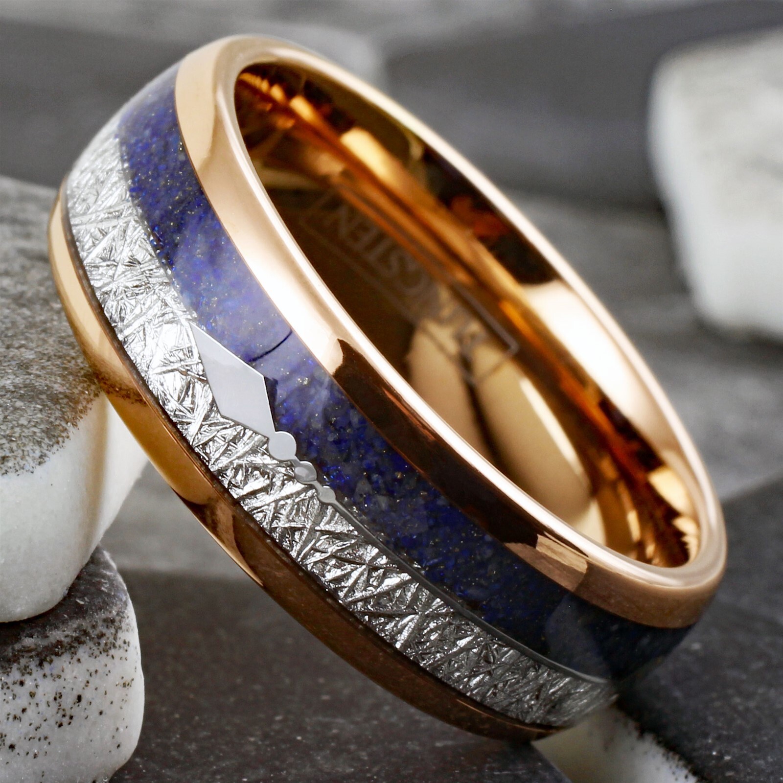 Rose Gold Plated Tungsten Carbide Meteorite & Blue Lapis Lazuli Men's Band Ring