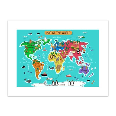 World Map With Landmarks And Animals  Print Canvas Premium Wall Decor Poster