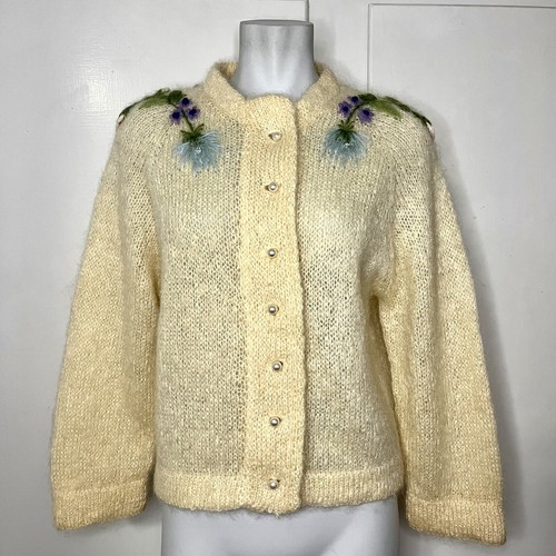 Vintage 60s Cream Fuzzy Mohair Embroidered 3D Flower Hand Knit Cardigan Vintage 60s Cream Fuzzy Mohair Embroidered 3D Flower Hand Knit Cardigan