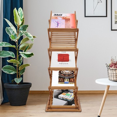 Heavy Duty Bamboo Magazine?Rack 5 Layers Foldable File Shelf Pop-up Book Stand