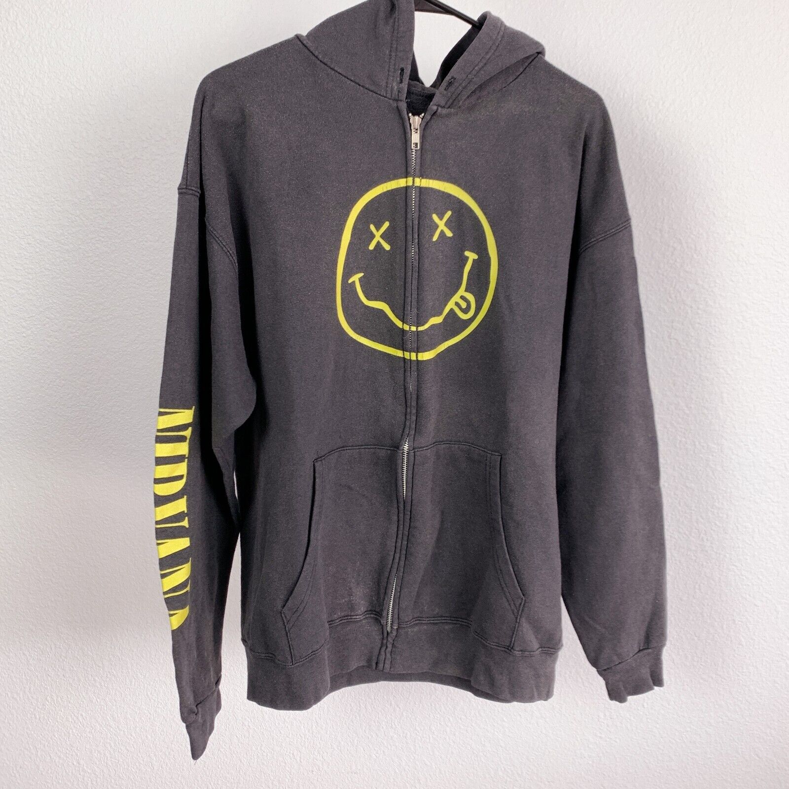 Vintage 90s Nirvana Smiley Face Faded Black Full Zip Hoodie Vintage 90s Nirvana Smiley Face Faded Black Full Zip Hoodie