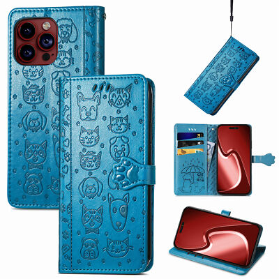 For Various Phone Hot Embossed Cat Dog Leather Card Wallet Case Cover Flip Stand