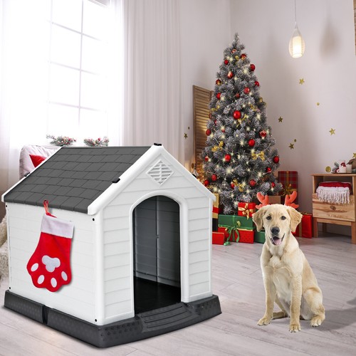 Indoor Outdoor Dog House Pet Shelter Grey Waterproof Up to 100LB Dog w/Air Vents