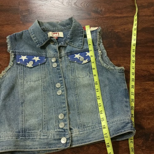 LEI "USA" Print Snap Up Med Wash Blue Denim Jean Vest Jacket Junior Girls Size S