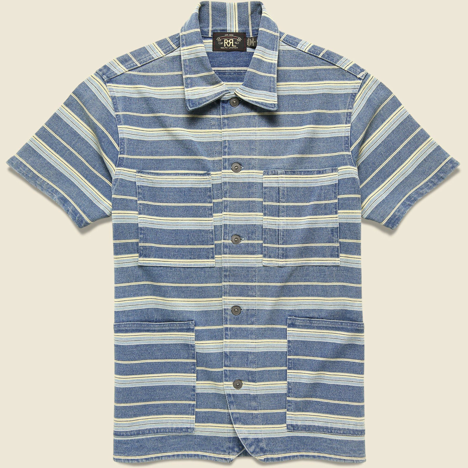 トップス RRL camp train l button shirt S Ralph Lauren RRL Indigo Striped Cotton Jersey Guayabera Camp