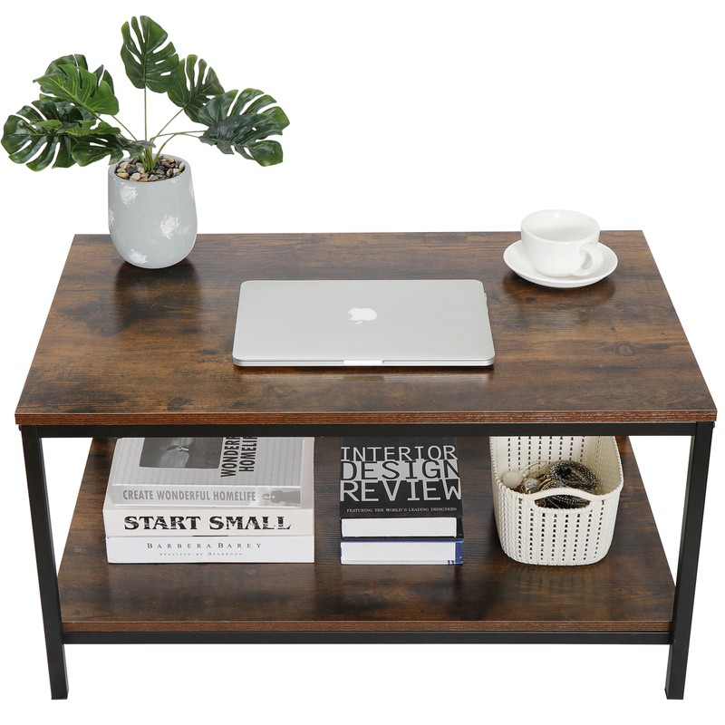Rustic Wood Coffee Table Rectangular Coffee Table with Storage Shelf