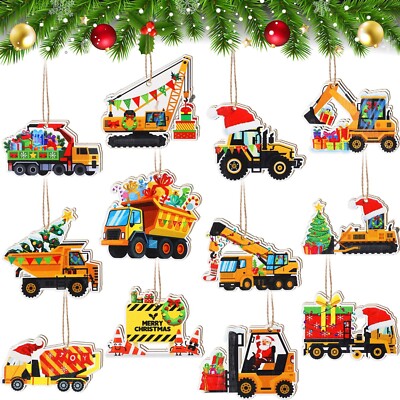 Bucherry 24 Pieces Construction Christmas Ornaments Truck Ornaments Wood Exca...