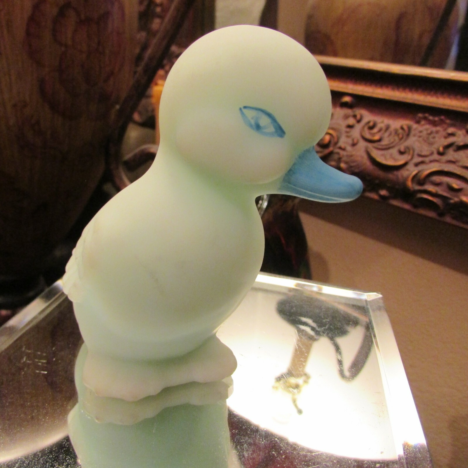 BEAUTIFUL FENTON BLUE ROSES ON BLUE SATIN   HAND PAINTED AND SIGNED  DUCK