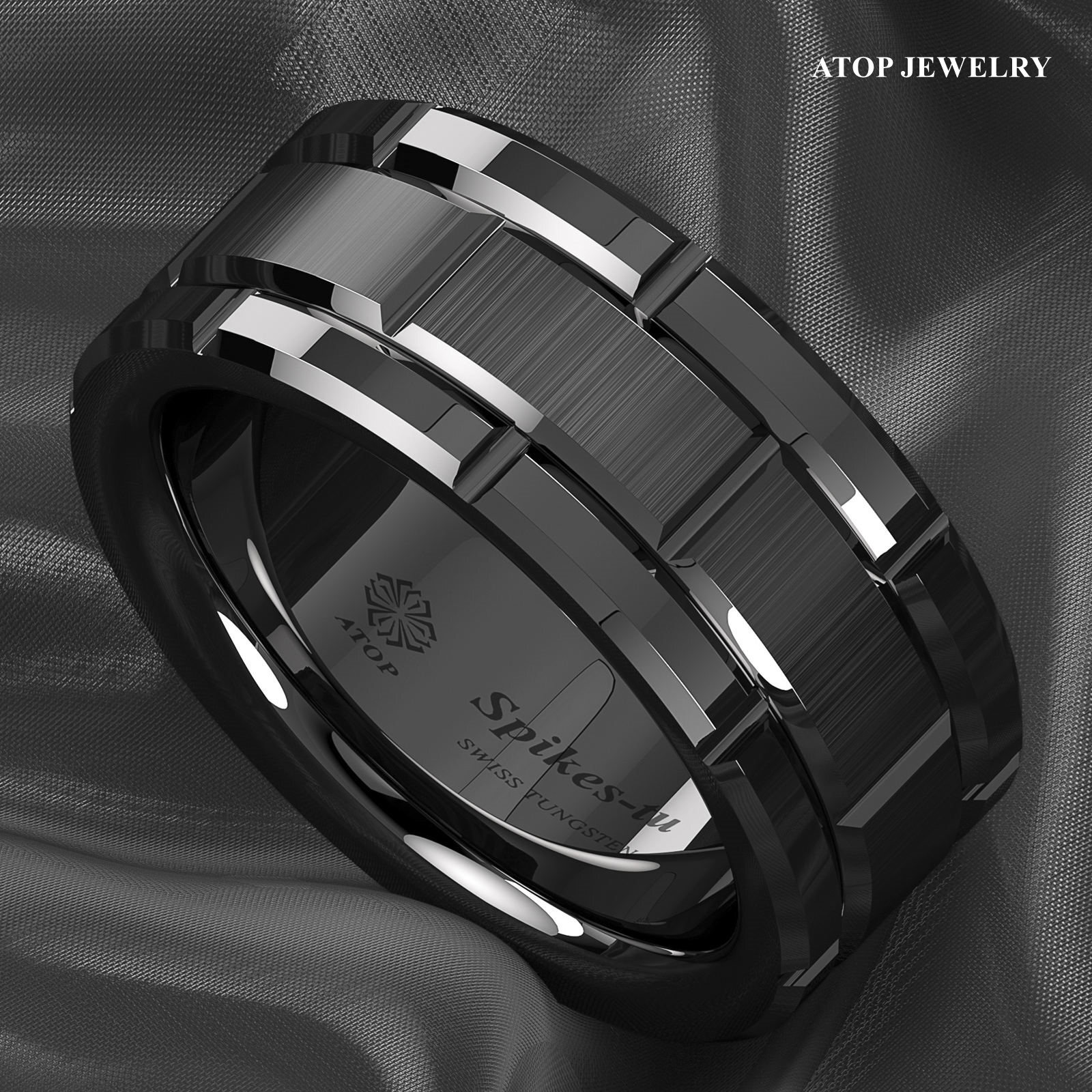 8mm Black Tungsten Carbide Ring Bushed Brick Pattern ATOP Men Wedding Band