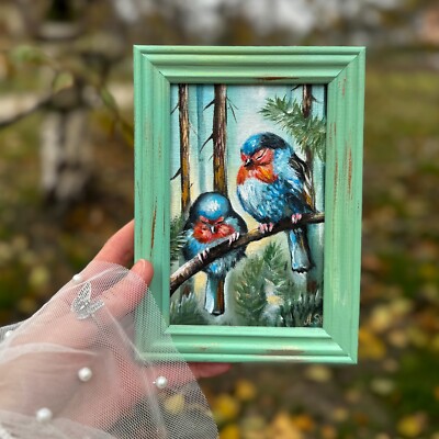 Robin bird original mini painting, Framed miniature birds, Enchanted forest art