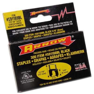 Arrow 5/16'' (8mm) Insulated Staples Type T59 Black Or Clear #591188 & #591188BL