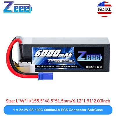 Zeee 22.2V 100C 6000mAh 6S Lipo Battery EC5 for RC Helicopter Airplane Car Truck