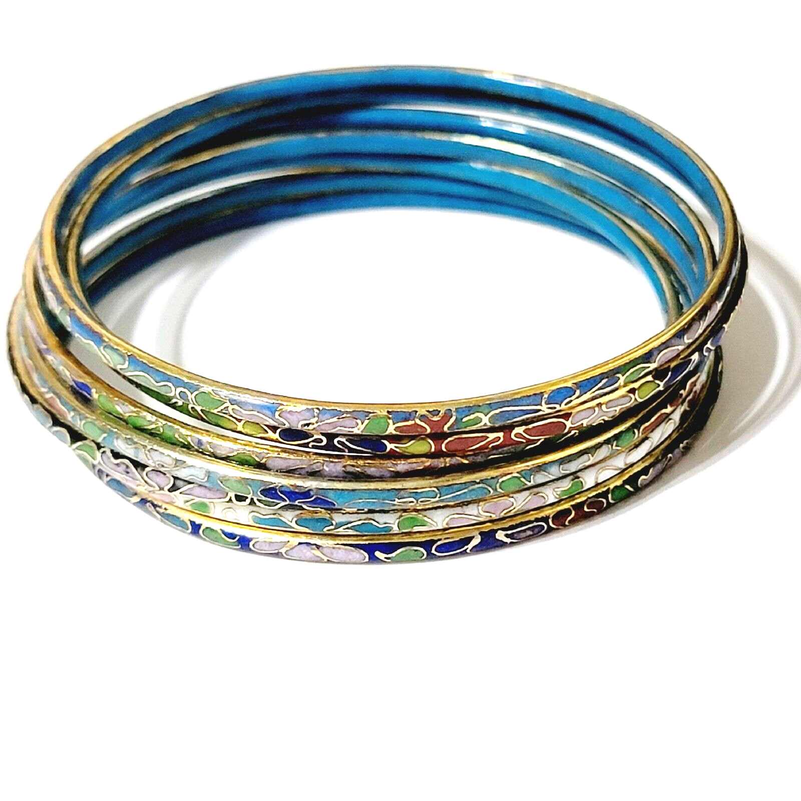 Set of 7 Vintage Floral Cloisonne Bracelets Bangles, Colorful Enameled Floral