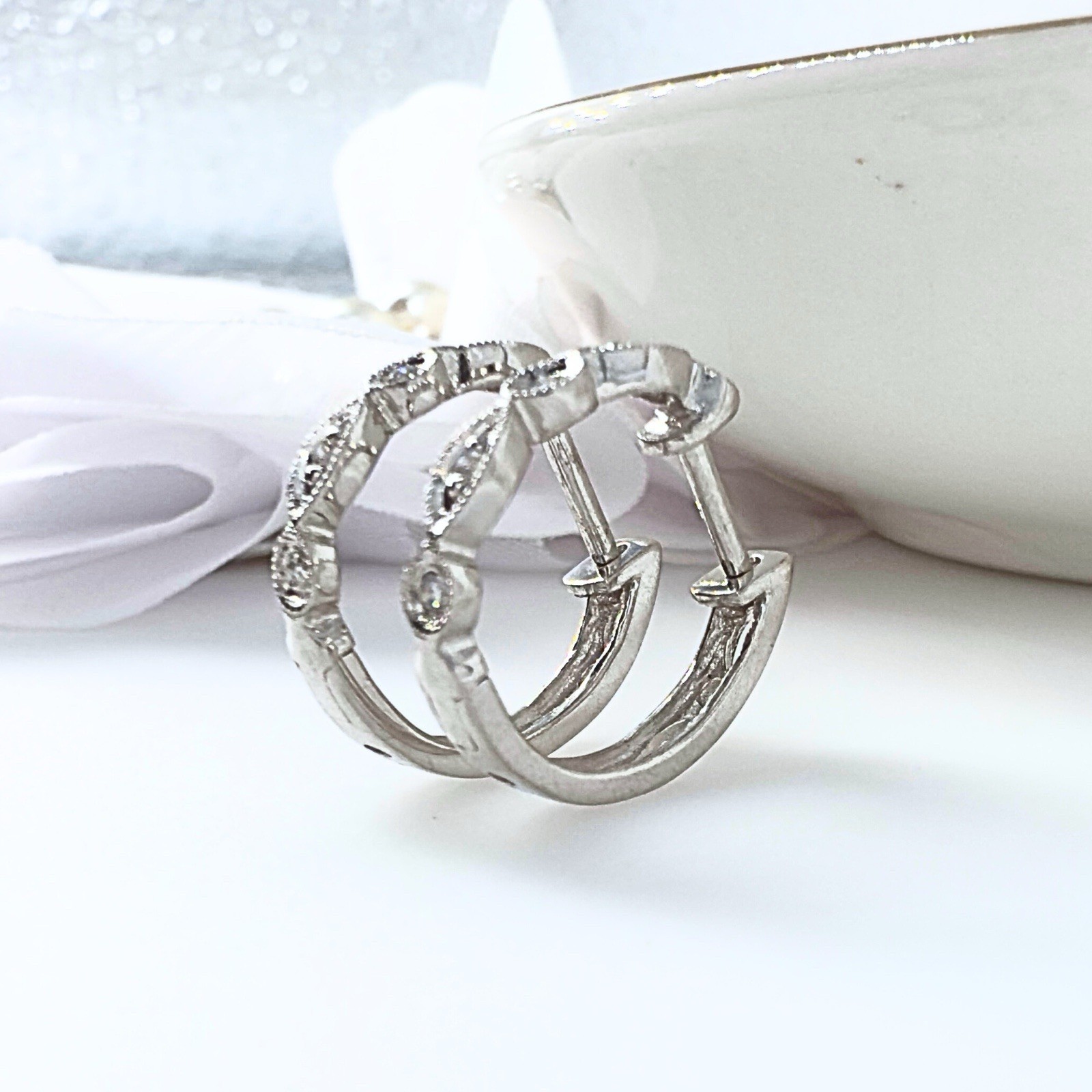14k White Gold Genuine Diamond Huggie Hoop Earrings, New - Picture 4 of 14