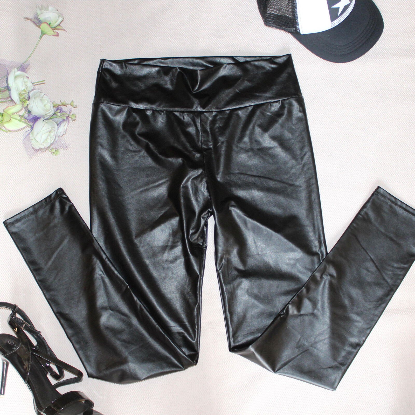 faux leather stretch trousers