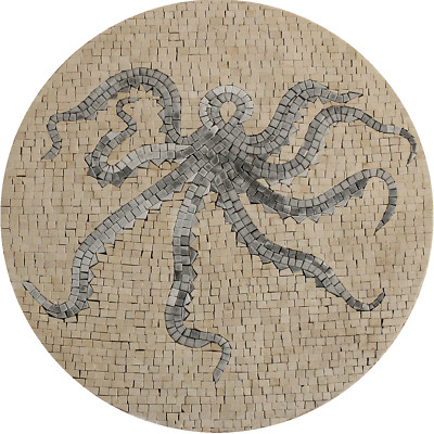 Marble Mosaic Sea Life Wall Art, Round Tile Sheet Octopus