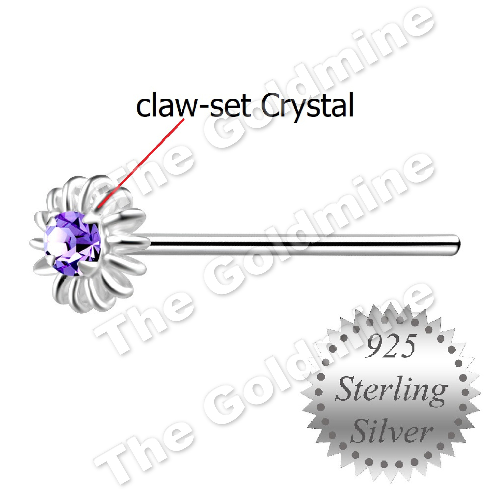 Claw-Set Lt. Purple Crystal Flower Nose Stud * straight Pin, 925 Sterling Silver