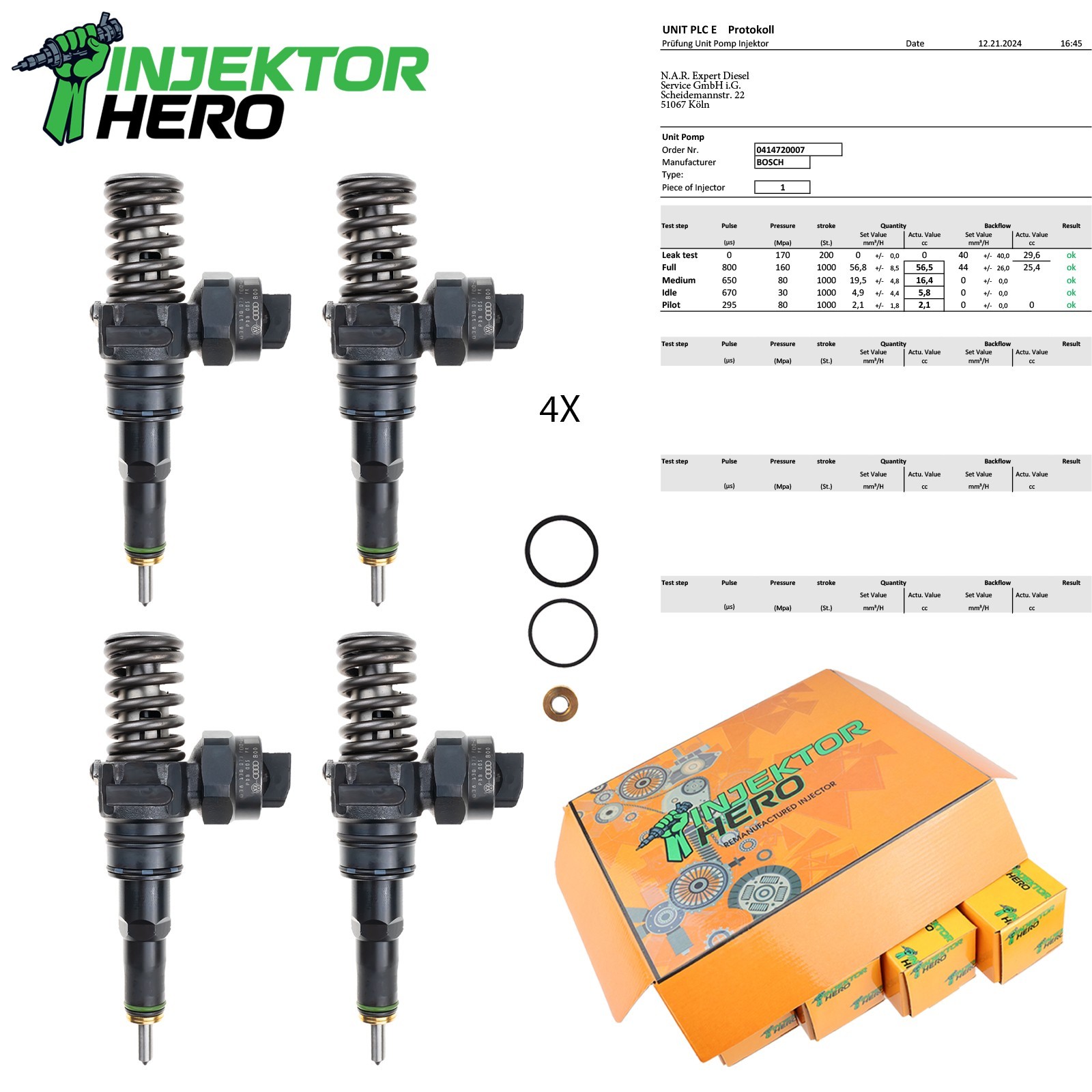 4x 0414720007 Pumpedüse Injektor Audi Seat Skoda VW 1.4 TDI - 1.9 TDI 038130073F