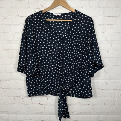 Lush Blouse Womens Medium Navy Cream Floral Short Sleeve V Neck Tie Bottom Shirt