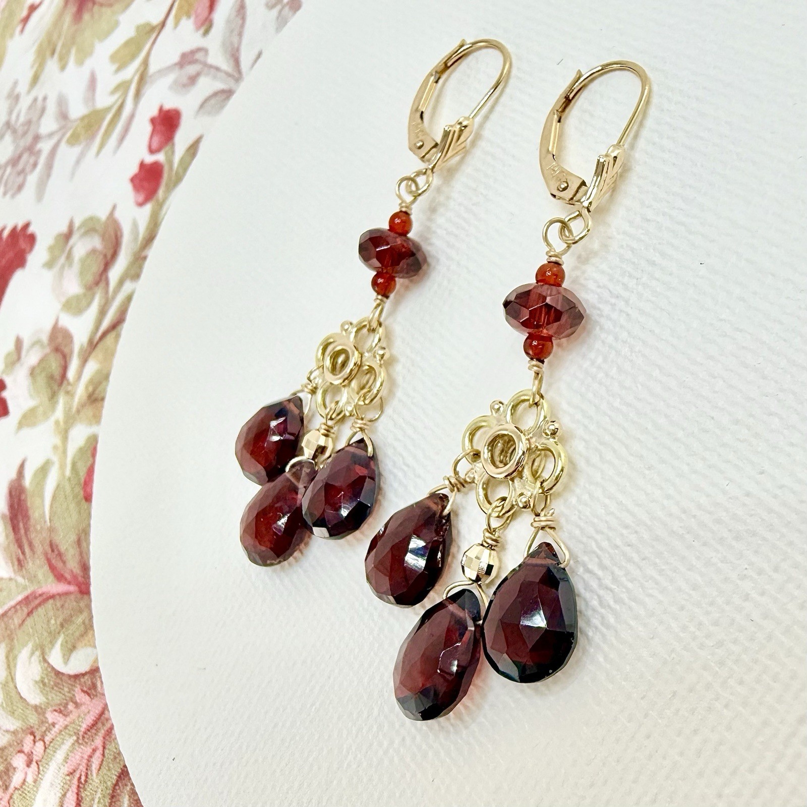 14k Yellow Gold Genuine Garnet Chandelier Dangle/Drop Earrings, New, 2.10