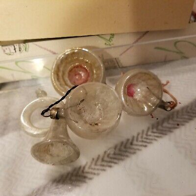 5 Antique German Blown Glass Christmas Ornaments Feather Tree Indent Balls PLUS